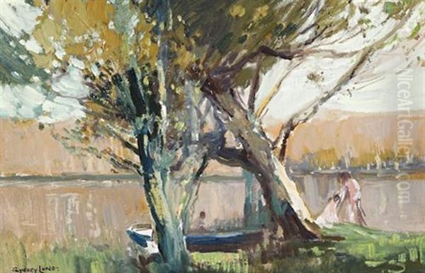 Boat And Bathers At Narrabeen Verso: River Landscape Oil Painting by Sydney Long