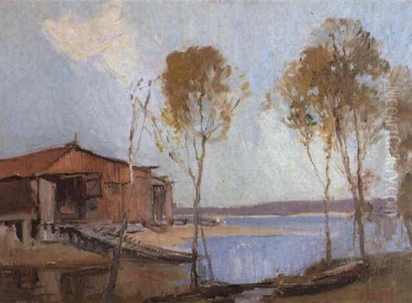 Boatshed On Narabeen Lake Oil Painting by Sydney Long