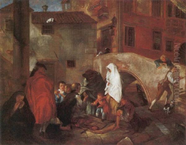 Scena Veneziana Presso Un Ponte Oil Painting by Pietro Longhi