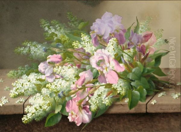 Still Life Of Flowers On A Stone Ledge Oil Painting by Raoul Maucherat de Longpre