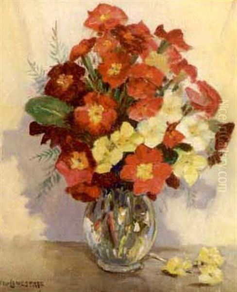 Pink And Yellow Flowers In Crystal Vase Oil Painting by Will Longstaff