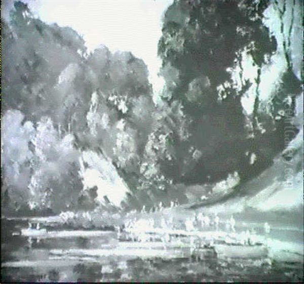 Swanbourne [&] Figures By A Lake Oil Painting by Will Longstaff