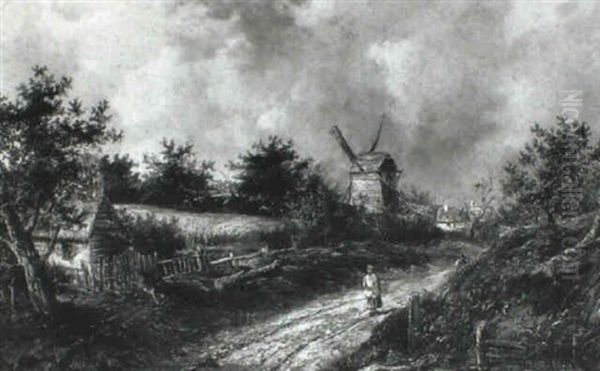 Windmill Beside A Farmstead Oil Painting by Edgar Longstaffe