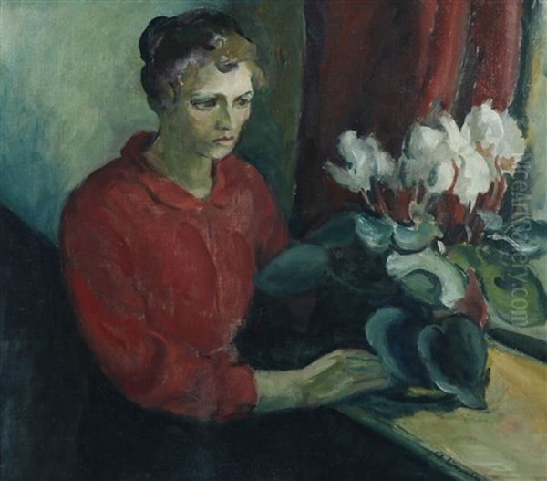 Woman Contemplates Flowers Oil Painting by William Lonnberg