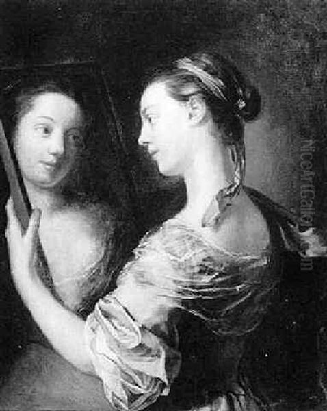 Portrait Of A Young Lady Looking At Her Reflection In A     Mirror Oil Painting by Carle van Loo