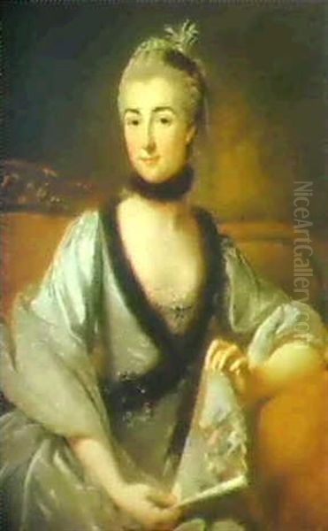 Portrait Of A Madame Du Chatelet, Seated On A Sofa Holding  A Fan Oil Painting by Carle van Loo