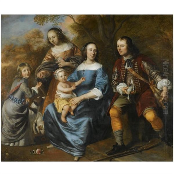 Portrait Of A Family, A Mother Sitting, Dressed In Blue, With Three Young Children And A Young Man With A Gun (her Husband?), In A Landscape Oil Painting by Jakob van Loo