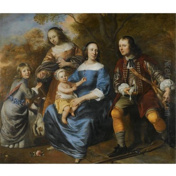 Portrait Of A Family; A Mother Sitting, Dressed In Blue, With Three Young Children And A Young Man With A Gun, Possibly Her Husband, In A Landscape Oil Painting by Jakob van Loo