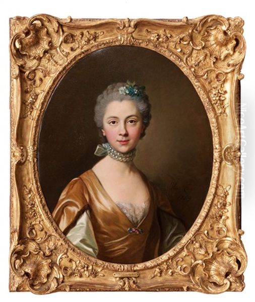Portrait Of A Lady With A Pearl Necklace Oil Painting by Louis Michel van Loo