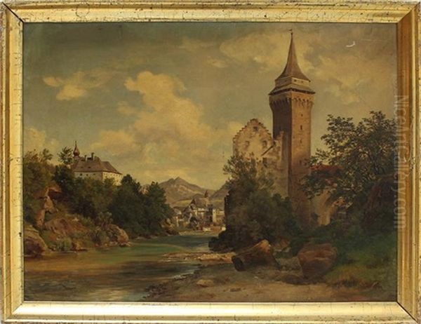 Niederosterreichische Ansicht Von Waidhofen Mit Dem Rothschild-schloss An Der Ybbs Oil Painting by Friedrich Loos