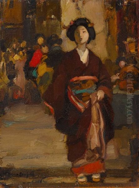 Japanerin In Traditioneller Gewandung Auf Dem Markt (+ Japanerin In Traditioneller Gewandung Bei Der Feldarbeit; 2 Works) Oil Painting by Hans Looschen