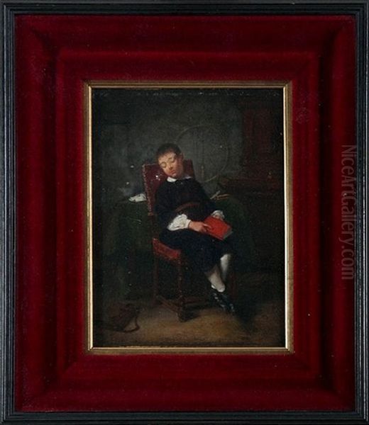 Bourgeois Interior With Boy On A Chair, Sleeping Oil Painting by Basile De Loose