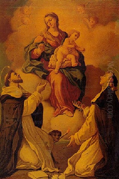 The Virgin And Child Appearing To Saint Dominic And Saint Rosa Of Lima Oil Painting by Vicente Lopez y Portana