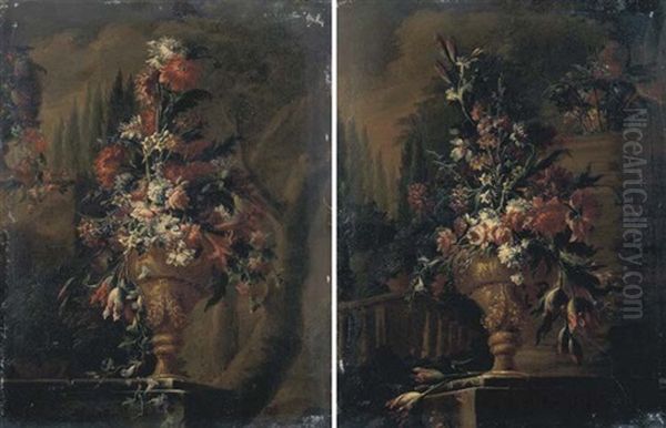 Fiori In Un Vaso Di Ottone, Su Un Piano Di Pietra Presso Una Balaustra, In Un Giardino, Con Cipressi In Lontananza (+ Fiori In Un Vaso Di Ottone, Su Un Piano Di Pietra; 2 Works) Oil Painting by Gasparo Lopez