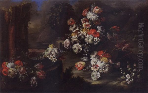 A Still Life With Tulips, Hyacinths, French Marigolds, Daffodils, Poppy Anemones And Other Flowers In A Silver Vase Together With Other Flowers Near A Fountain Oil Painting by Gasparo Lopez