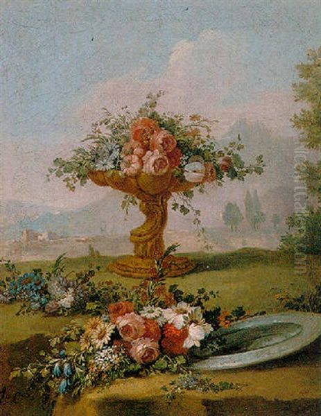Still Life Of Flowers In A Gilt Pedestalled Vase, With Other Flowers Beside A Pewter Dish, A Mountainous Landscape Beyond Oil Painting by Gasparo Lopez