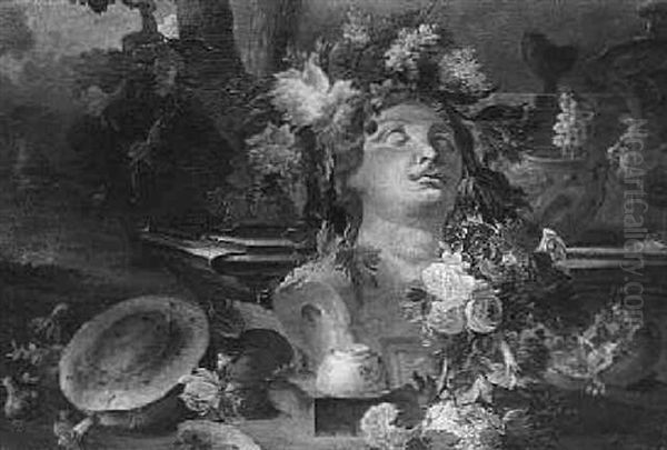 A Garland Of Flowers Draped Over A Bust Of A Woman, With Fruits, Near A Stone Plinth In A Landscape Oil Painting by Gasparo Lopez