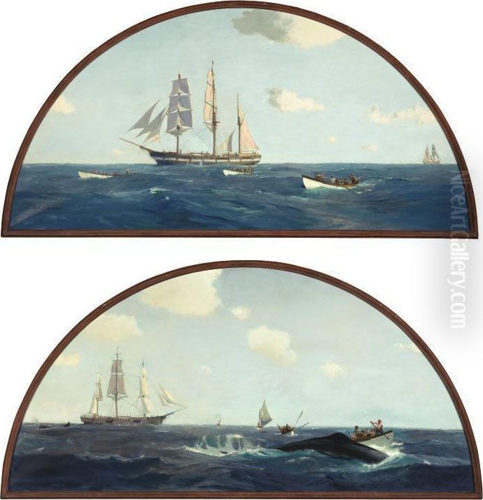 The Whale Hunt: Setting Out And Noon, The Attack: A Pair Of Paintings Oil Painting by John P. Benson