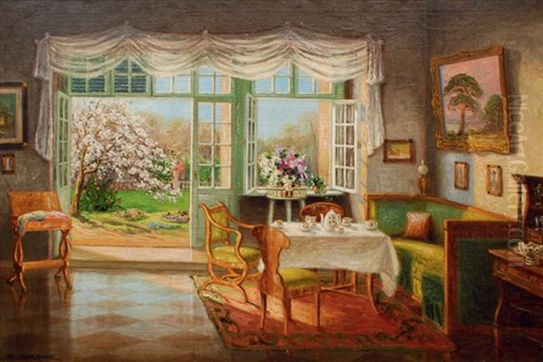 Interior With A View On A Garden In Bloom Oil Painting by Ernst Hugo Lorenz-Morovana