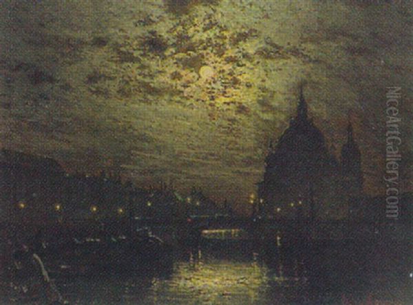 Berlin Bei Mondschein. Friedrichsbrucke Mit Dom Oil Painting by Ernst Hugo Lorenz-Morovana