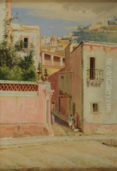 Mediterranean Hillside Town With Children Drawingwater From The Street Pump Oil Painting by Townley Benson