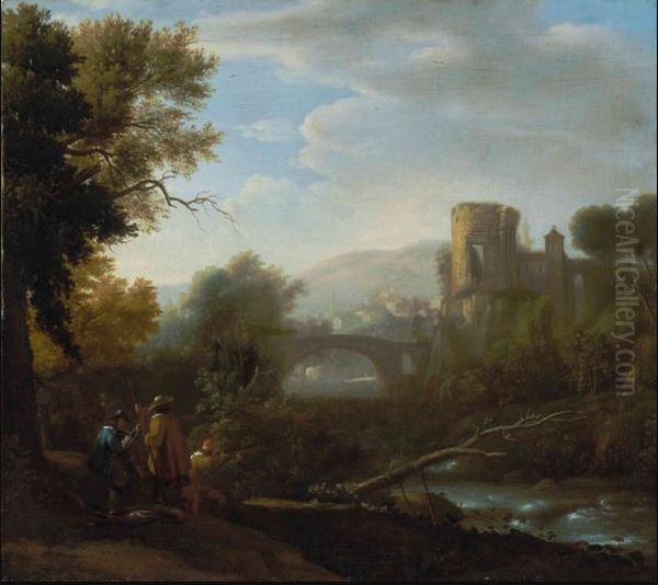 A Landscape With Tivoli And The Temple Of Vesta, Hunters And An Artist Sketching In The Foreground Oil Painting by Claude Lorrain (Claude Gellee)