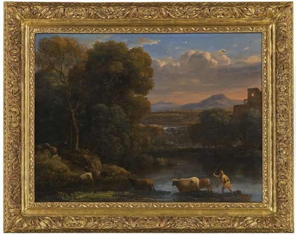 An Italianate Landscape With A Drover And His Dog Driving His Cattle Across A Ford, A Waterfall Beyond Oil Painting by Claude Lorrain (Claude Gellee)