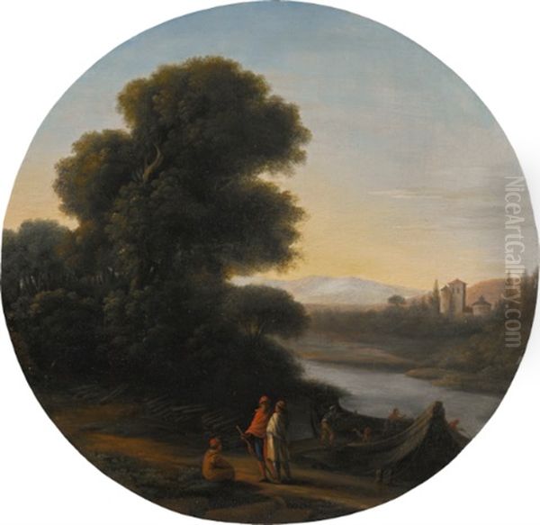 Italianate Landscape With Travellers And A Boat Being Loaded With Logs Oil Painting by Claude Lorrain (Claude Gellee)