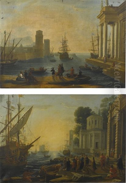 Seaport With The Landing Of Cleopatra In Tarsus; Seaport With The Embarkation Of Ulysses From The Phaeacians Oil Painting by Claude Lorrain (Claude Gellee)