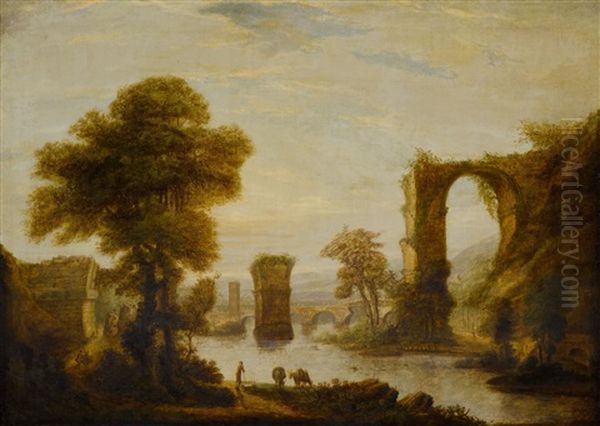 A Vast Bucolic Landscape Oil Painting by Claude Lorrain (Claude Gellee)