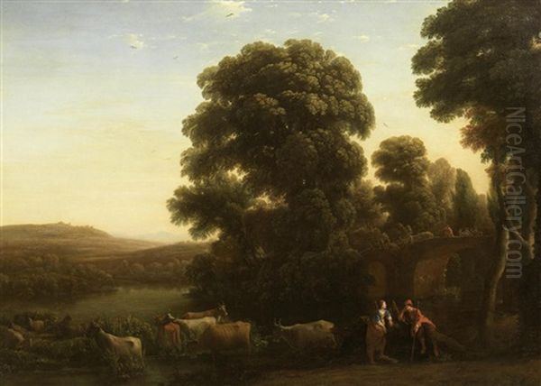 A Pastoral Landscape With A Shepherd And Shepherdess Beside Their Livestock In An Arcadian Landscape With Drovers On A Bridge Beyond Oil Painting by Claude Lorrain (Claude Gellee)