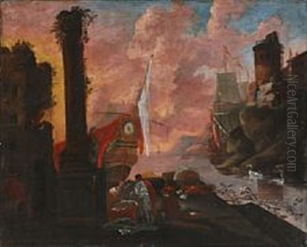 Harbour Scene With Classical Ruins Oil Painting by Claude Lorrain (Claude Gellee)