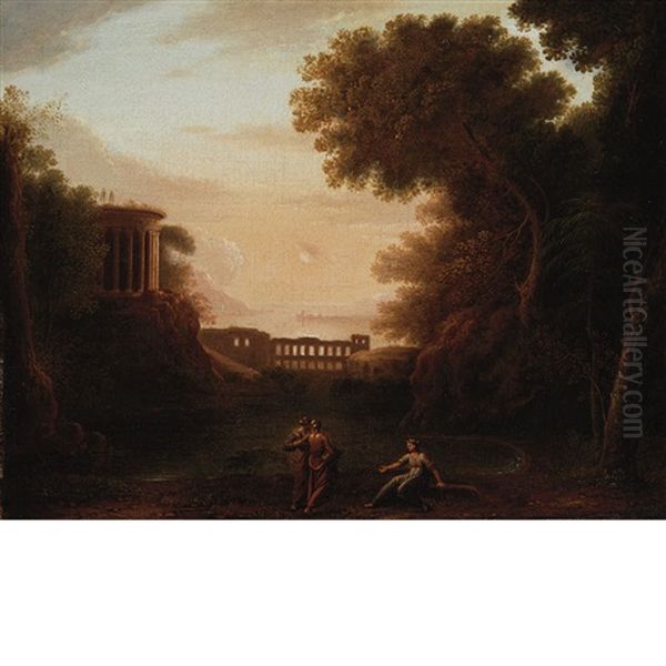 Figures Near A Round Temple, An Aqueduct In The Distance Oil Painting by Claude Lorrain (Claude Gellee)