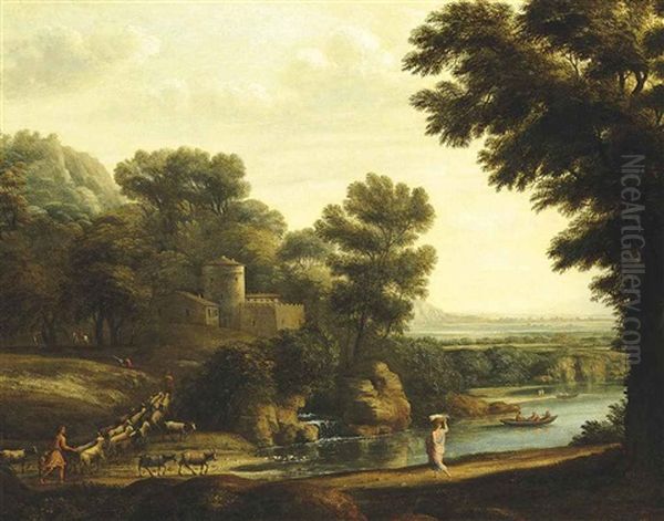 A Wooded River Landscape With Travellers, Shepherds And Their Flock On A Path, A Fortified City Beyond Oil Painting by Claude Lorrain (Claude Gellee)