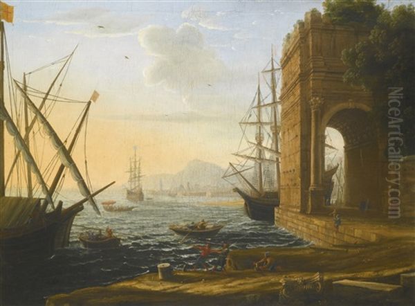 A Mediterranean Seaport Oil Painting by Claude Lorrain (Claude Gellee)