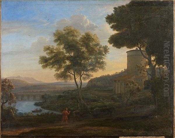 Berger Et Son Troupeau Dans Un Paysage De Riviere Au Pont Oil Painting by Claude Lorrain (Claude Gellee)