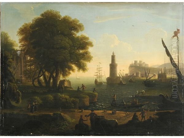 Figures At A Busy Seaport At Sunset Oil Painting by Claude Lorrain (Claude Gellee)