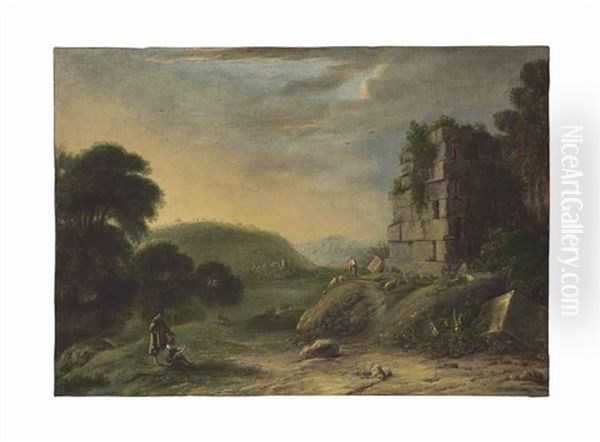 An Arcadian Landscape With Ruins, An Artist Drawing In The Foreground Oil Painting by Claude Lorrain (Claude Gellee)