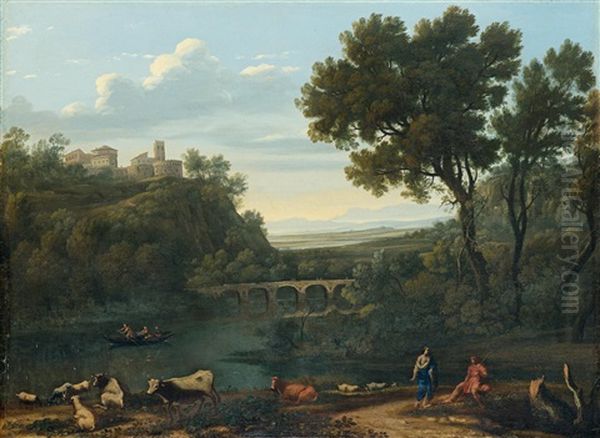 Flusslandschaft Mit Einem Hirten Und Einer Frau Im Vordergrund, Lagerndem Vieh Am Ufer Und Einem Dorf In Der Ferne Oil Painting by Claude Lorrain (Claude Gellee)