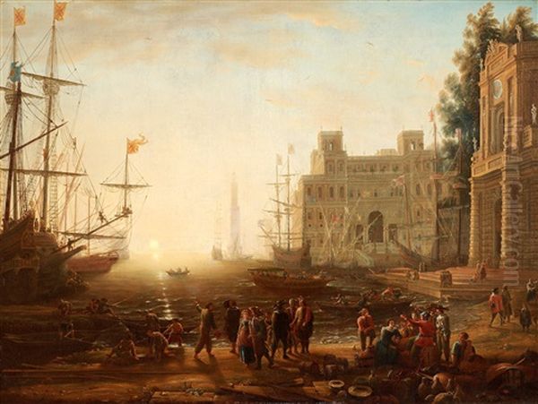 Carpriccio Med En Italiensk Hamn I Skymning Med Villa Medici Och Handelsman Oil Painting by Claude Lorrain (Claude Gellee)
