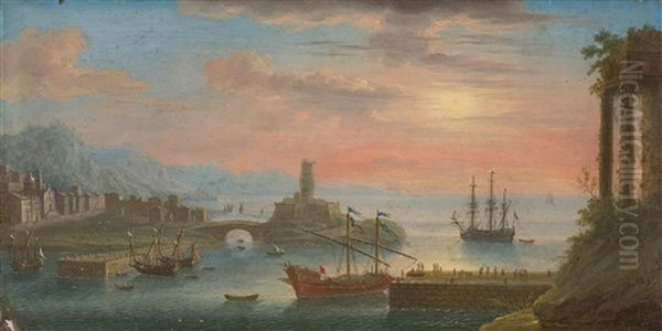 Weite Kustenlandschaft Mit Imaginarer Hafenanlage Bei Untergehender Sonne Oil Painting by Claude Lorrain (Claude Gellee)