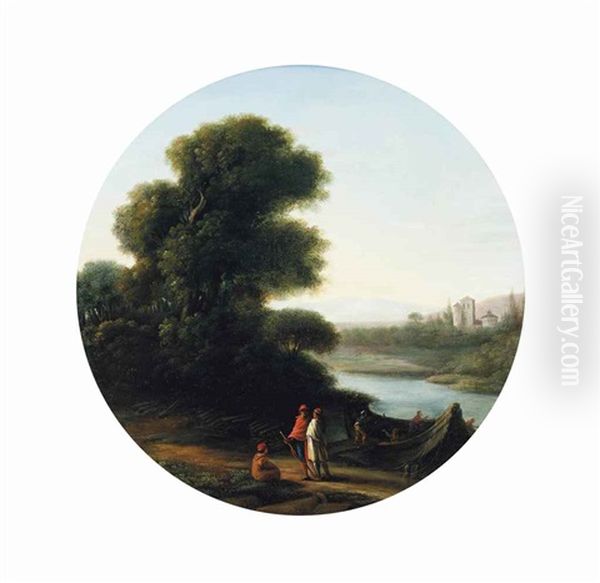 A Wooded River Landscape With Figures On A Path And Others Loading A Boat With Logs, A Castle Beyond Oil Painting by Claude Lorrain (Claude Gellee)