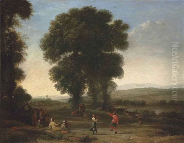 An Extensive Landscape With Figures Dancing And Others Resting Under A Tree In The Foreground, Their Cattle Resting Beyond Oil Painting by Claude Lorrain (Claude Gellee)