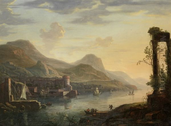 Grosse Hafenansicht Mit Antiker Tempelruine Oil Painting by Claude Lorrain (Claude Gellee)