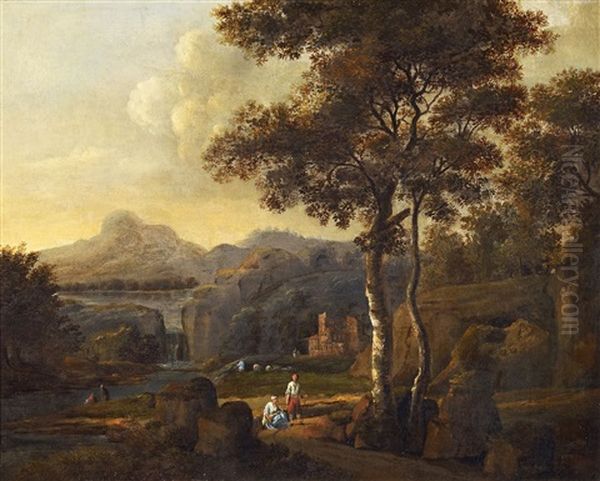 Italienische Seenlandschaft Mit Wanderern Oil Painting by Claude Lorrain (Claude Gellee)