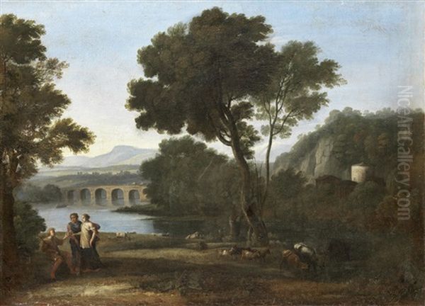 Elegant Figures Conversing In A Pastoral Landscape Oil Painting by Claude Lorrain (Claude Gellee)