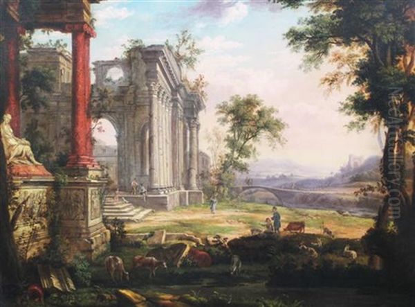 Figures And Classical Ruins In An Italianate Landscape Oil Painting by Claude Lorrain (Claude Gellee)