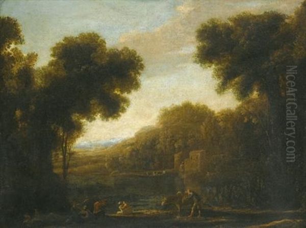 A River Landscape With Travellers On The Bank Oil Painting by Claude Lorrain (Claude Gellee)