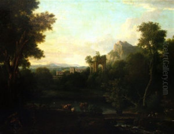 Cattle Drovers By A Stream With Woodland, Ruins And A Village With Mountains In The Distance Oil Painting by Claude Lorrain (Claude Gellee)