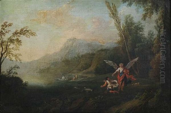 Flusslandschaft Mit Raffael, Der Tobias Gebietet, Den Fisch Zu Fangen Oil Painting by Claude Lorrain (Claude Gellee)